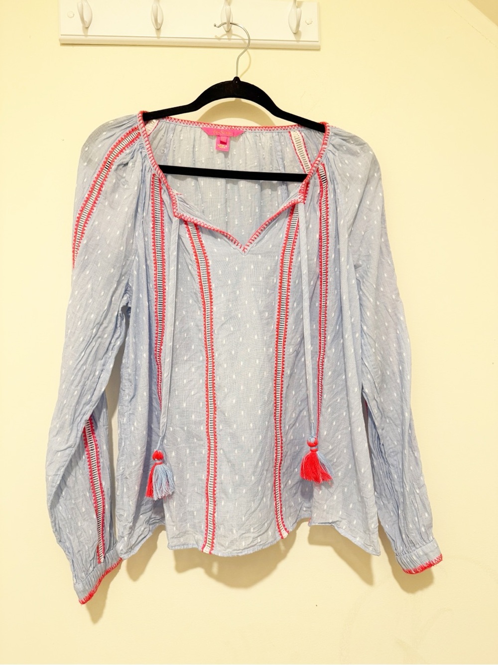 Lilly Pulitzer Light Blue Peasant Blouse with Pink Trim